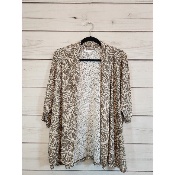 JM Collection Women's Brown Leaf Print 3/4 Sleeve Open Front Cardigan Size XL - Picture 1 of 5